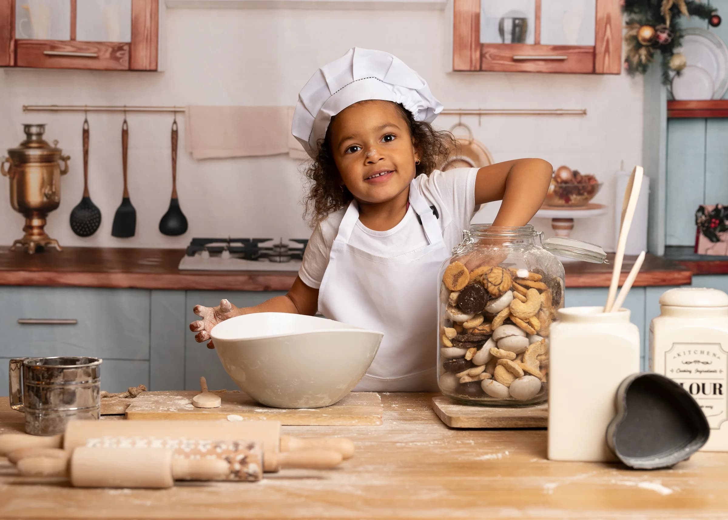 Mädchen mit Kochmütze lacht beim Backen in der Kulissenküche